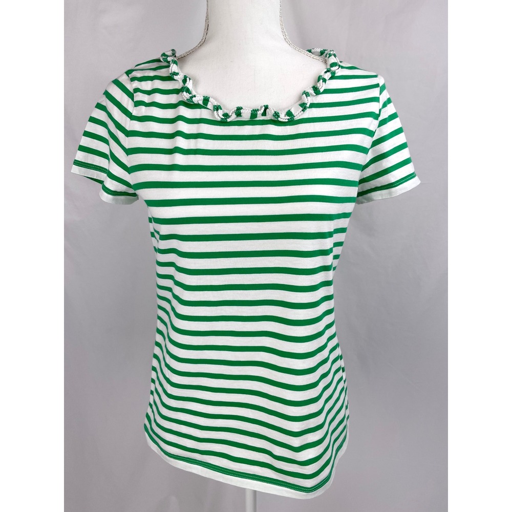 Talbots Women Medium Green White‎ Short Sleeve Shirt Ruffle Neck